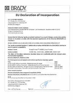 BradyPrinter A8500 EU Declaration of Conformity