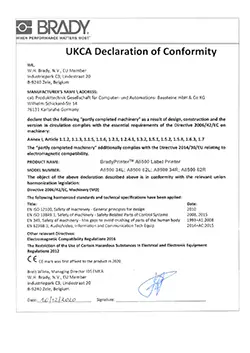 BradyPrinter A8500 Label Printer UKCA Declaration of Conformity