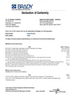 Brady i7500 Label Printer EU Declaration of Conformity